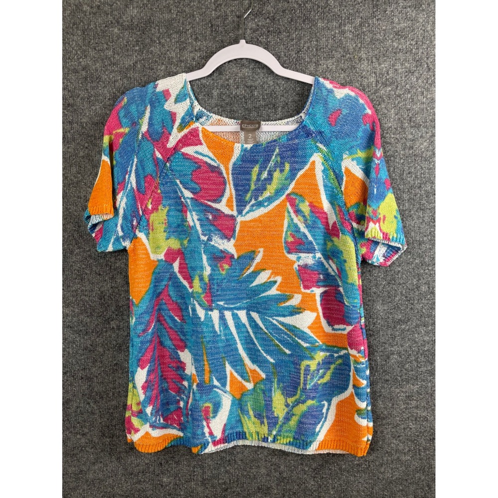 Chico's Knit Sweater Top Womens 2 Large Multicolor Excellent Tropical Leaf Print